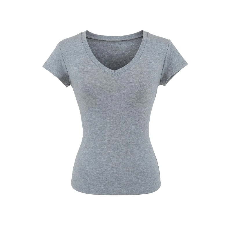 Right Shoulder American V-Neck Short-Sleeved T-Shirt for Women Summer 2025 New Basic Pure Color Elastic Versatile Short Top