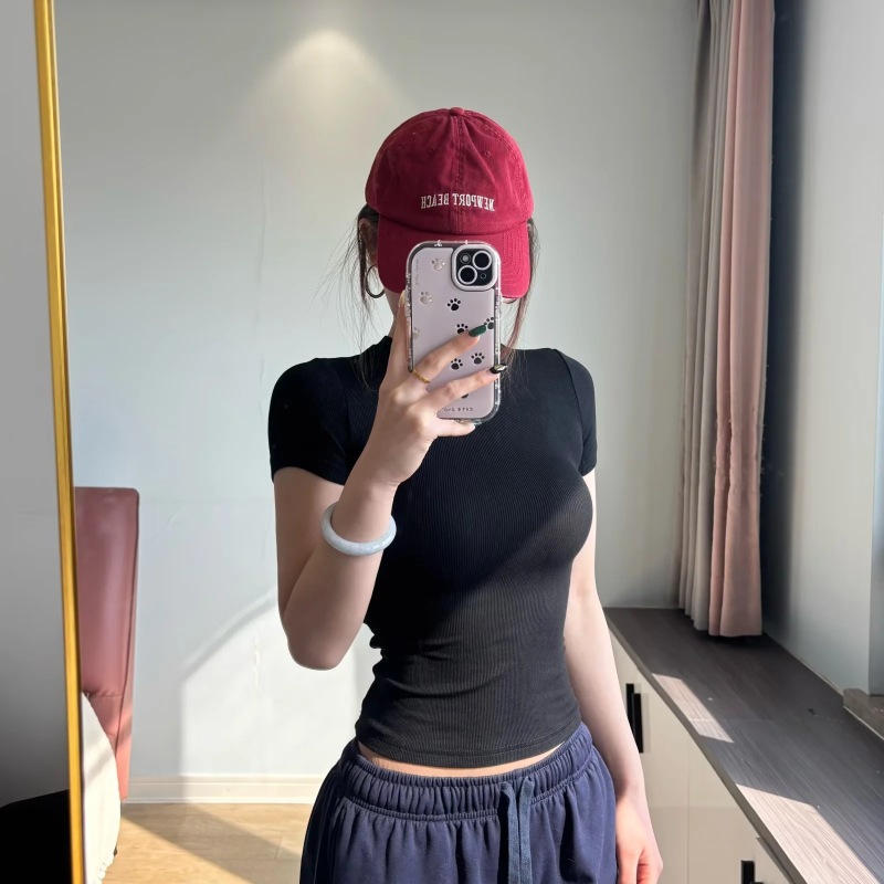 Trendy Women's Round Neck T-Shirt with Regular Shoulders, 2026 Summer New Basic Slim-Fit Short-Sleeve Top