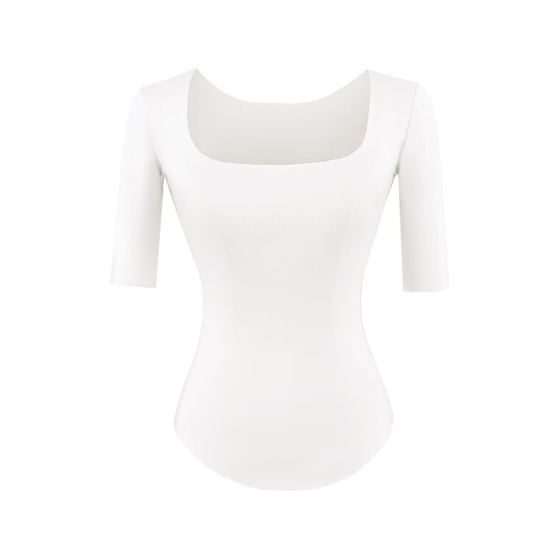 Elegant Square-Neck Slim-Fit Mid-Sleeve Base Shirt for Women, 2026 Summer New Style, Waist-Cinching Tight-Fitting Inner Wear, Spicy Girl Curved Hem T-Shirt