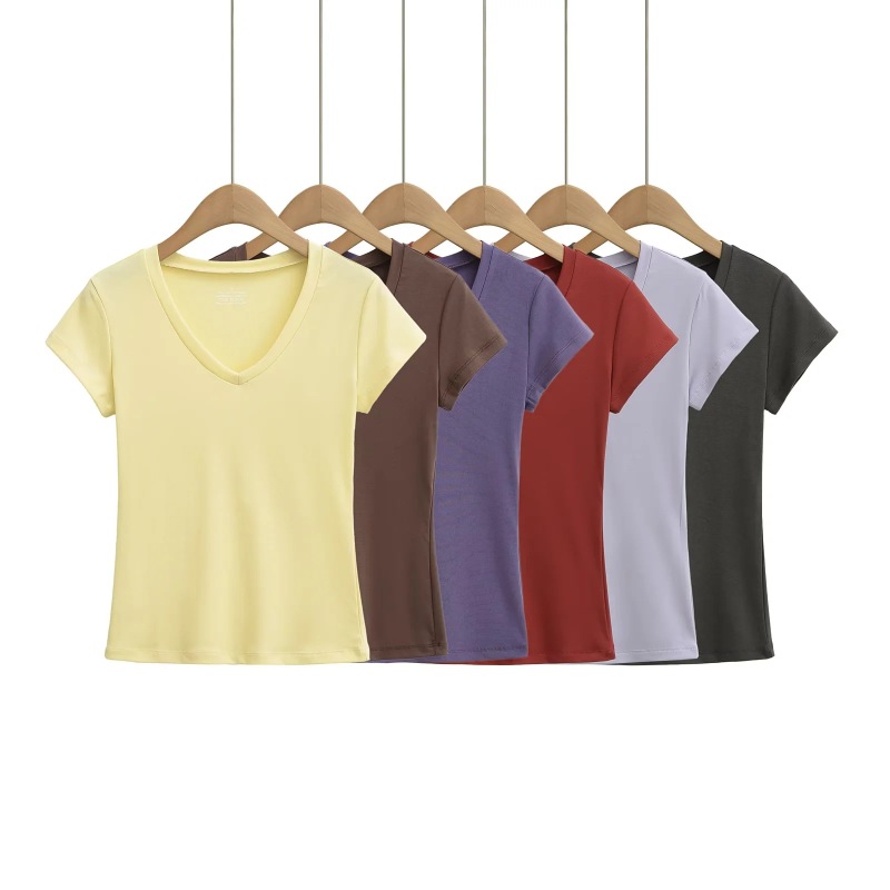 Right Shoulder American V-Neck Short-Sleeved T-Shirt for Women Summer 2025 New Basic Pure Color Elastic Versatile Short Top