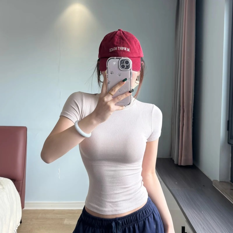 Trendy Women's Round Neck T-Shirt with Regular Shoulders, 2026 Summer New Basic Slim-Fit Short-Sleeve Top