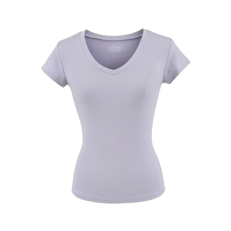 Right Shoulder American V-Neck Short-Sleeved T-Shirt for Women Summer 2025 New Basic Pure Color Elastic Versatile Short Top