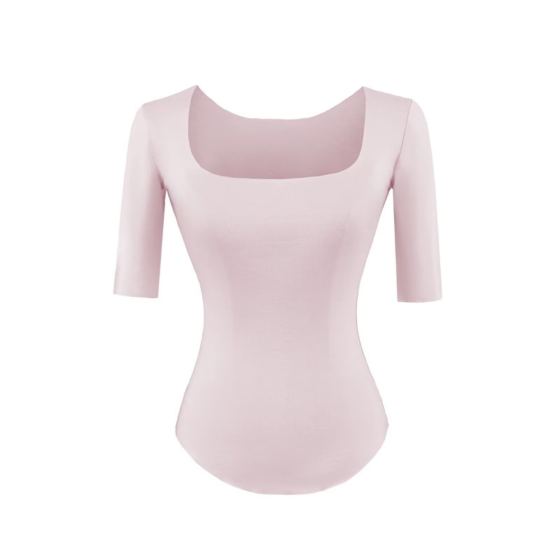 Elegant Square-Neck Slim-Fit Mid-Sleeve Base Shirt for Women, 2026 Summer New Style, Waist-Cinching Tight-Fitting Inner Wear, Spicy Girl Curved Hem T-Shirt