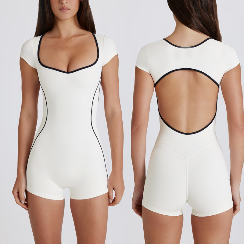 Foreign Trade Yoga Jumpsuit with Chest Pad, Contrasting Color, Beautiful Back, High Elasticity, Quick Drying, Sports Fitness Running Training Jumpsuit Shorts