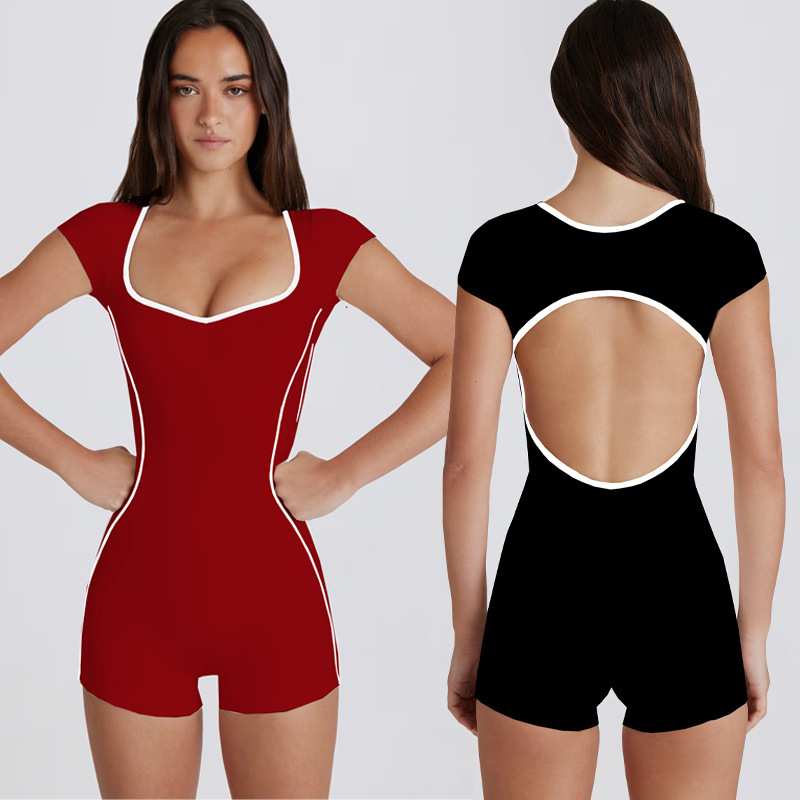 Foreign Trade Yoga Jumpsuit with Chest Pad, Contrasting Color, Beautiful Back, High Elasticity, Quick Drying, Sports Fitness Running Training Jumpsuit Shorts