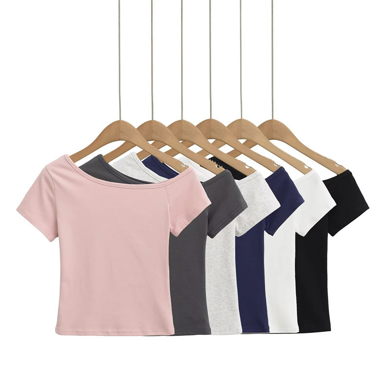 Lazy Slanted Shoulder Short-Sleeved T-Shirt for Women in Summer, Slim Design Off-Shoulder Top, Pure Color Slimming Look Sexy Short Top