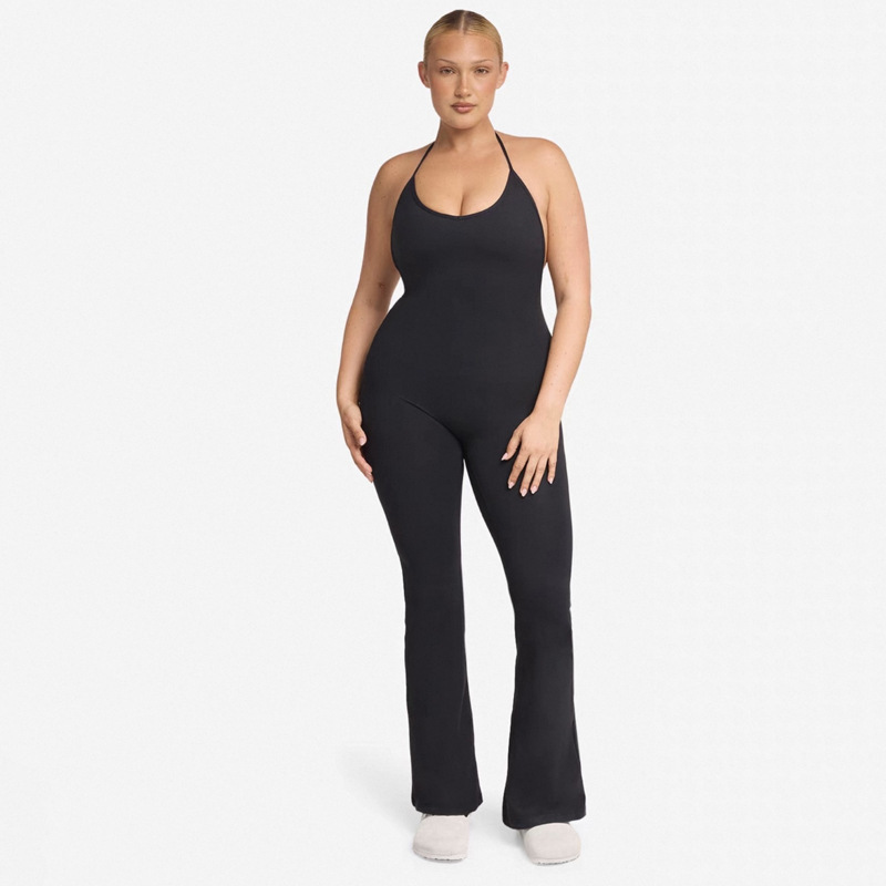 European and American Cross-Border Backless Nude Strap Yoga Jumpsuit High-Elastic Halter Fitness Sports Quick-Dry Jumpsuit Flared Pants