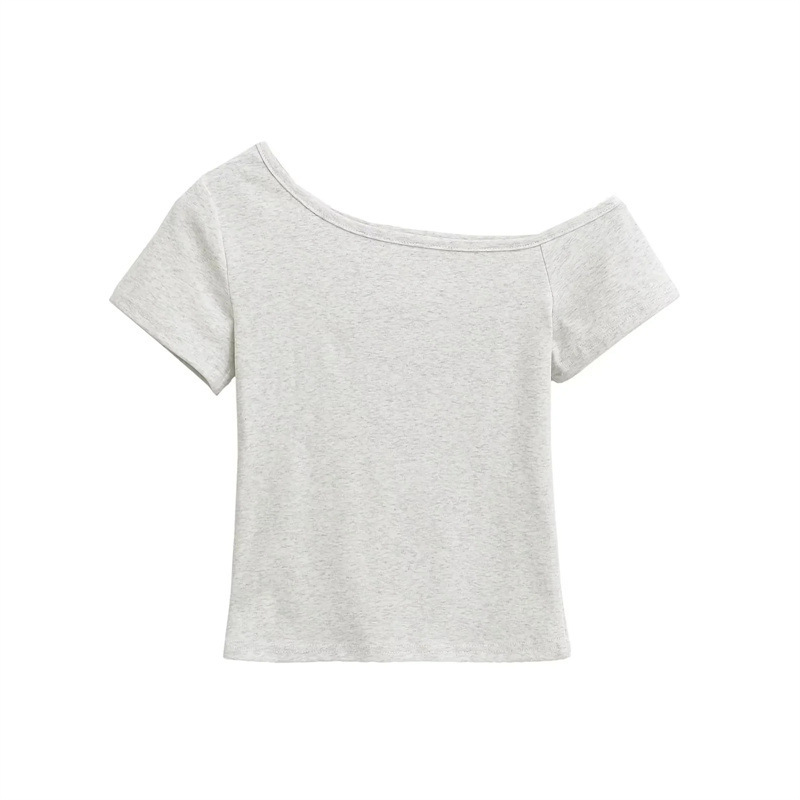 Lazy Slanted Shoulder Short-Sleeved T-Shirt for Women in Summer, Slim Design Off-Shoulder Top, Pure Color Slimming Look Sexy Short Top