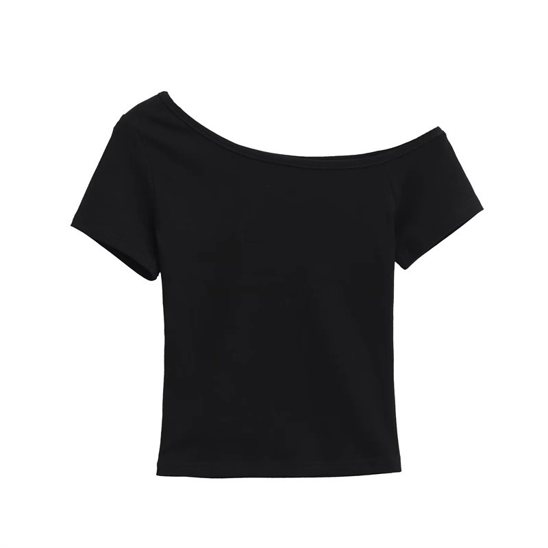 Lazy Slanted Shoulder Short-Sleeved T-Shirt for Women in Summer, Slim Design Off-Shoulder Top, Pure Color Slimming Look Sexy Short Top