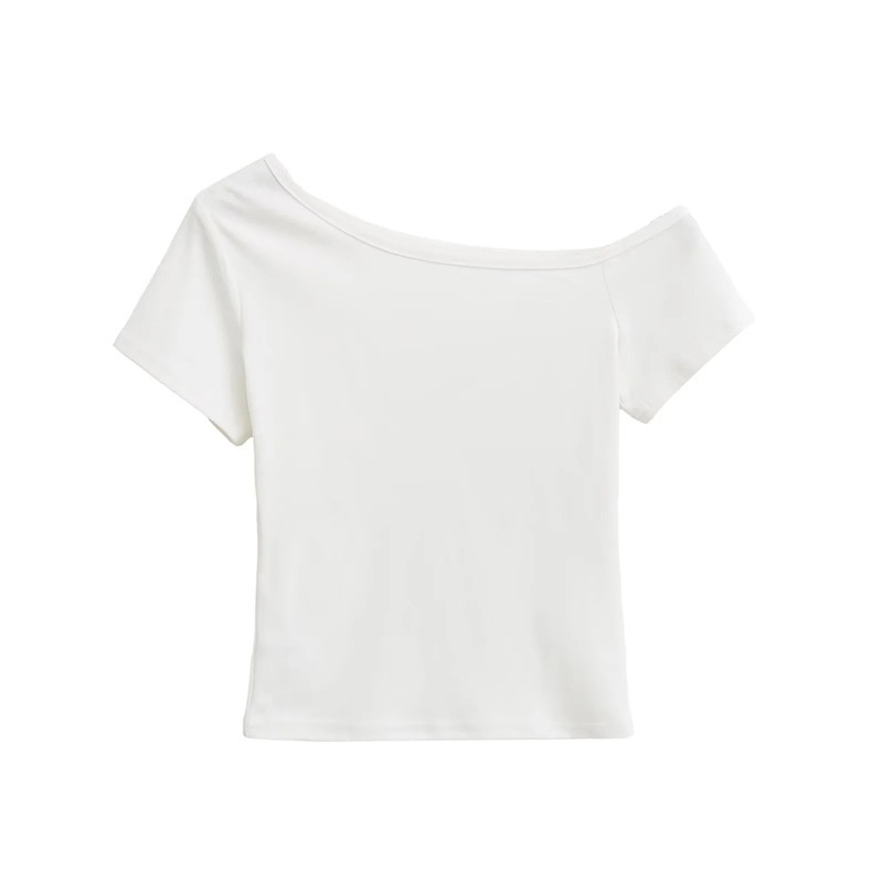 Lazy Slanted Shoulder Short-Sleeved T-Shirt for Women in Summer, Slim Design Off-Shoulder Top, Pure Color Slimming Look Sexy Short Top