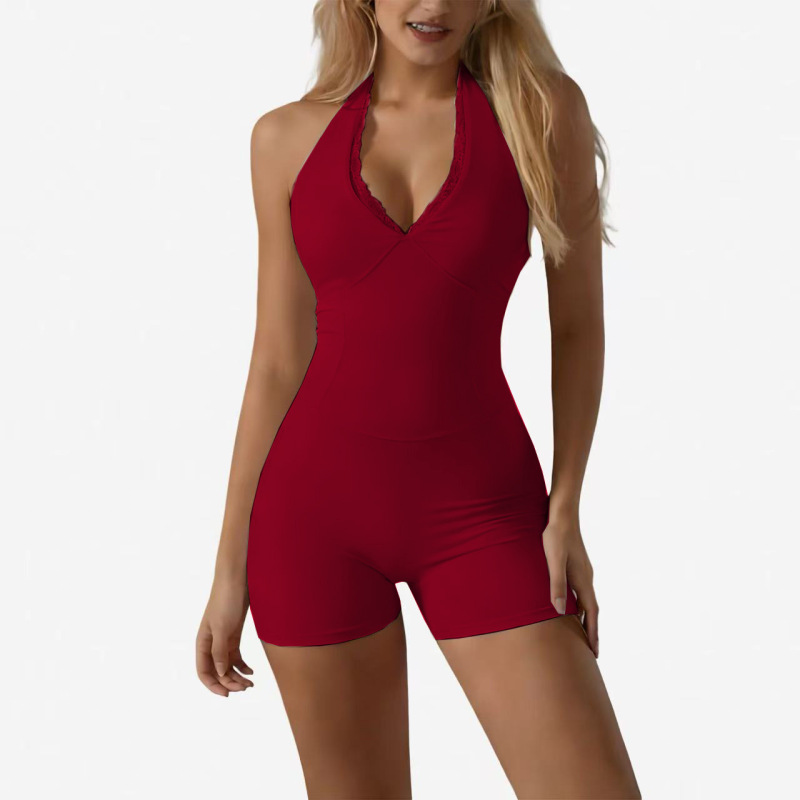 European and American Cross-Border Lace V-Neck One-Piece Yoga Outfit with Beautiful Back Design, Quick-Dry Butt-Lifting Shorts, Quick-Dry Sports Fitness One-Piece Suit