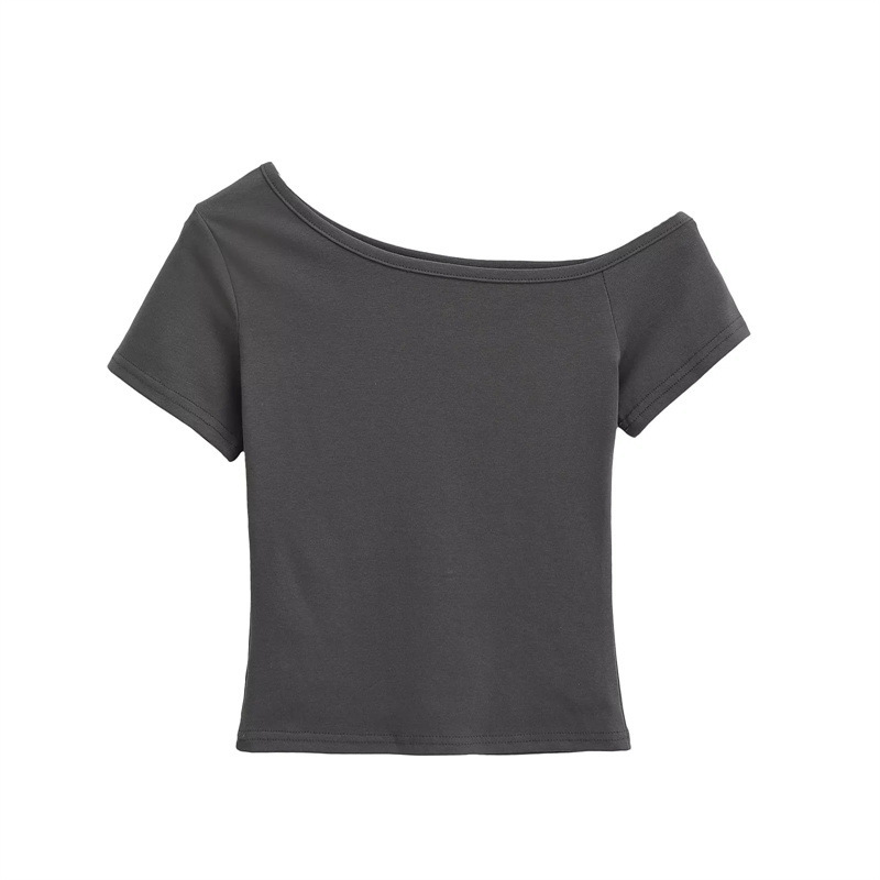 Lazy Slanted Shoulder Short-Sleeved T-Shirt for Women in Summer, Slim Design Off-Shoulder Top, Pure Color Slimming Look Sexy Short Top