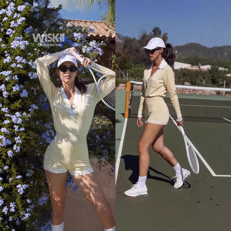 High-End Tennis Knit Jumpsuit for Women, Retro Running Sports Fitness Yoga Jumpsuit, Pilates Pants for Women