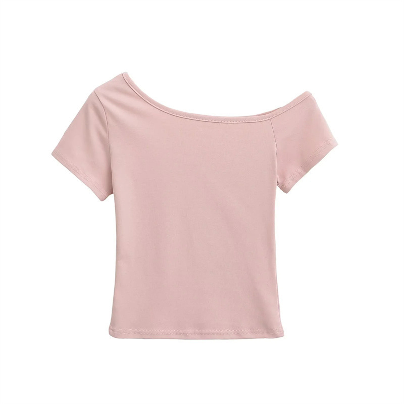 Lazy Slanted Shoulder Short-Sleeved T-Shirt for Women in Summer, Slim Design Off-Shoulder Top, Pure Color Slimming Look Sexy Short Top