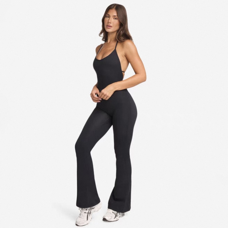 European and American Cross-Border Backless Nude Strap Yoga Jumpsuit High-Elastic Halter Fitness Sports Quick-Dry Jumpsuit Flared Pants