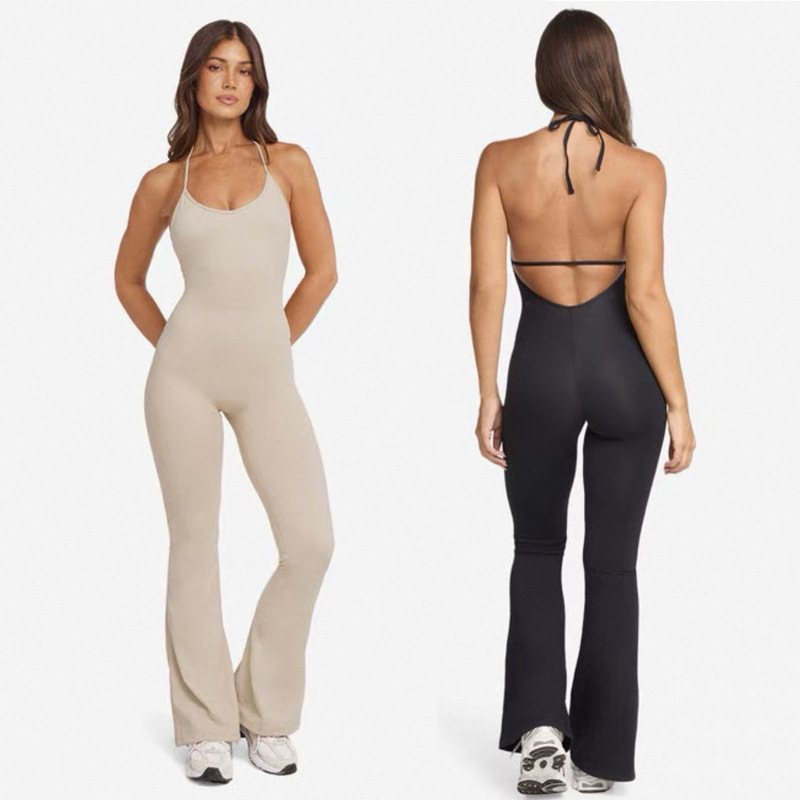European and American Cross-Border Backless Nude Strap Yoga Jumpsuit High-Elastic Halter Fitness Sports Quick-Dry Jumpsuit Flared Pants