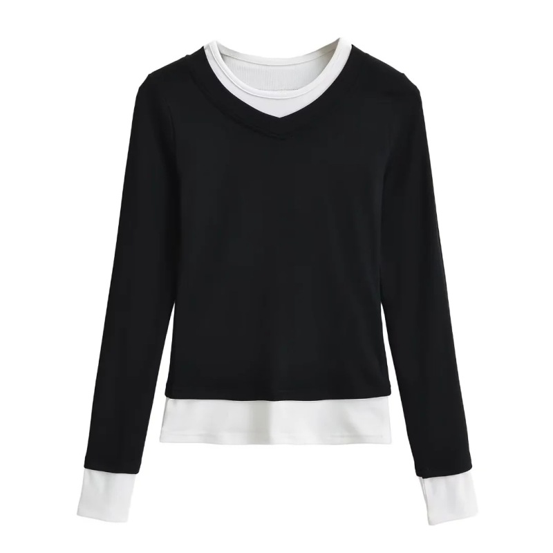 Trendy Niche Spliced Fake Two-Piece Long-Sleeve Base Shirt for Women, Autumn and Winter Color-Blocked Slim-Fit Tight T-Shirt