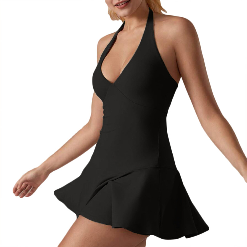 Cross-border tennis dress with padded bra, halter neck, beautiful back, sports skirt, anti-exposure base layer, outdoor yoga short skirt