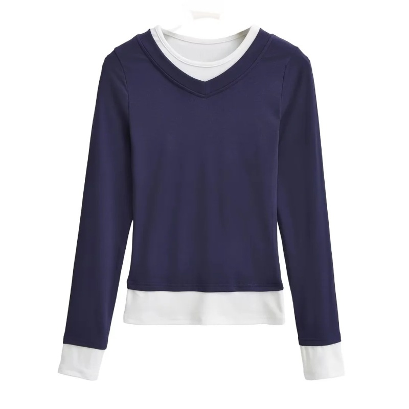 Trendy Niche Spliced Fake Two-Piece Long-Sleeve Base Shirt for Women, Autumn and Winter Color-Blocked Slim-Fit Tight T-Shirt