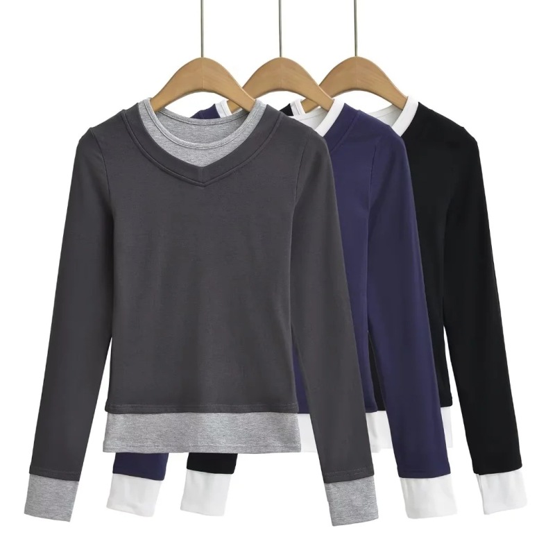 Trendy Niche Spliced Fake Two-Piece Long-Sleeve Base Shirt for Women, Autumn and Winter Color-Blocked Slim-Fit Tight T-Shirt
