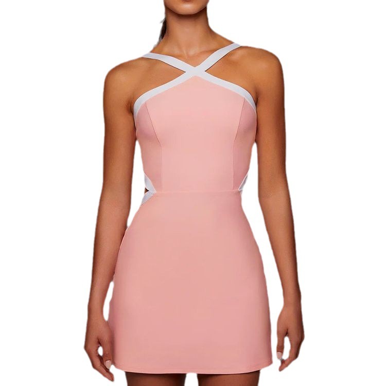 Contrasting Color Simple Anti-Exposure Comfortable Nude Sexy Women's Yoga Wear Small Exposed Belt Chest Pad One-Piece Tennis Skirt Wholesale