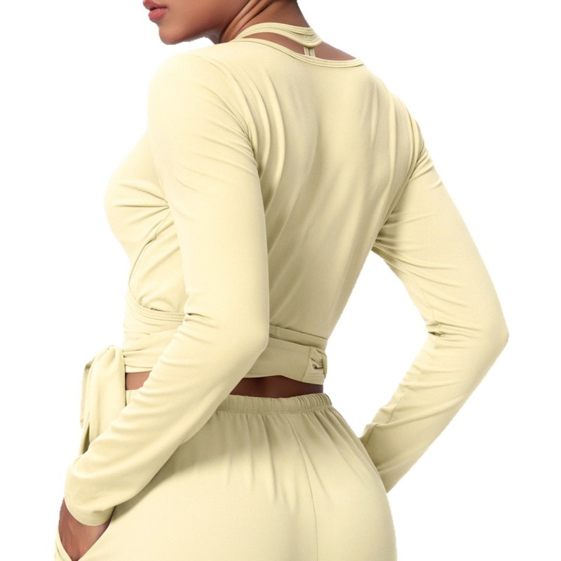Cross-Border European and American Nude Breathable Drawstring Wide-Leg Pants Fitness Halter Vest Fashionable Strap Long-Sleeved Sports Yoga Wear