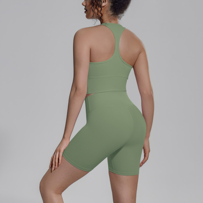 Cross-border solid color double-sided brocade backless tight-fitting breathable yoga suit set for training, sports, running, and fitness, two-piece women's set