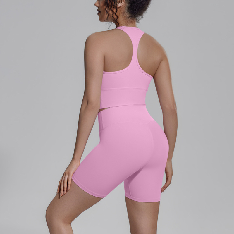 Cross-border solid color double-sided brocade backless tight-fitting breathable yoga suit set for training, sports, running, and fitness, two-piece women's set