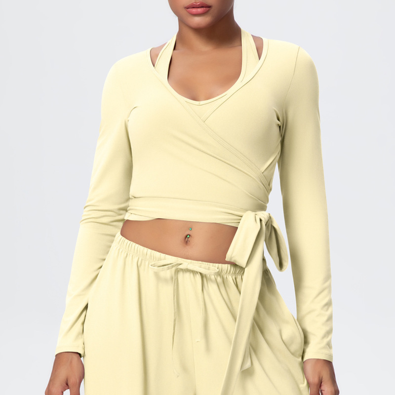 Cross-Border European and American Nude Breathable Drawstring Wide-Leg Pants Fitness Halter Vest Fashionable Strap Long-Sleeved Sports Yoga Wear