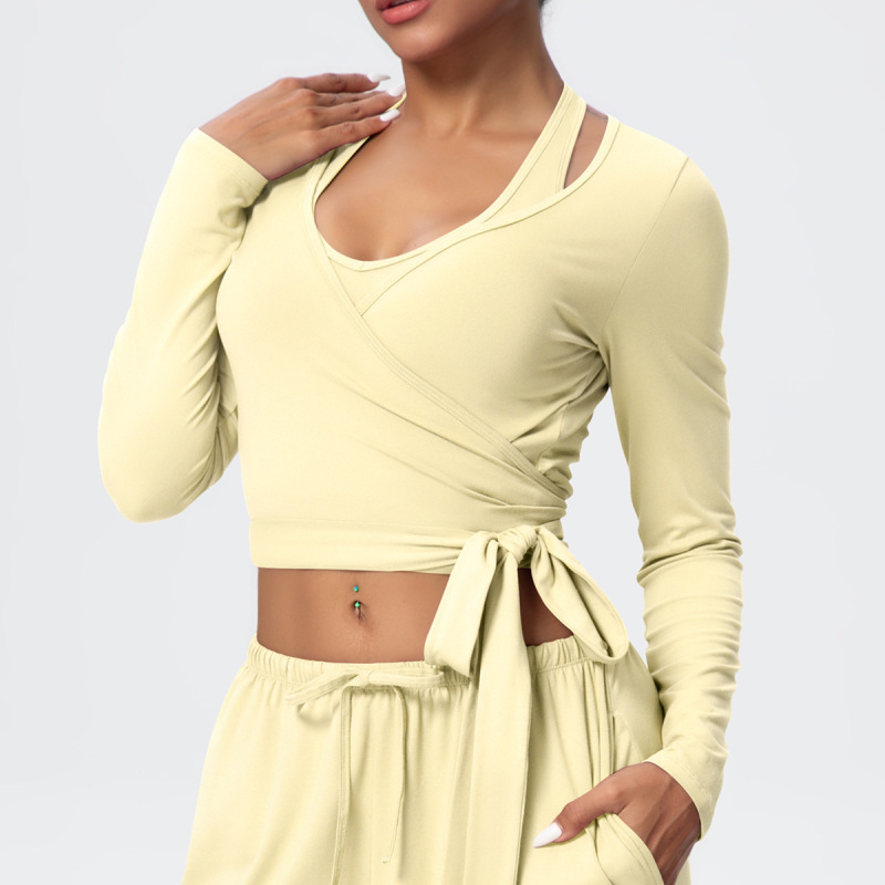Cross-Border European and American Nude Breathable Drawstring Wide-Leg Pants Fitness Halter Vest Fashionable Strap Long-Sleeved Sports Yoga Wear