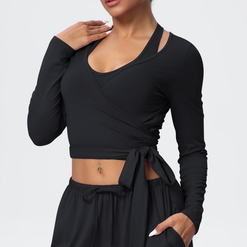 Cross-Border European and American Nude Breathable Drawstring Wide-Leg Pants Fitness Halter Vest Fashionable Strap Long-Sleeved Sports Yoga Wear