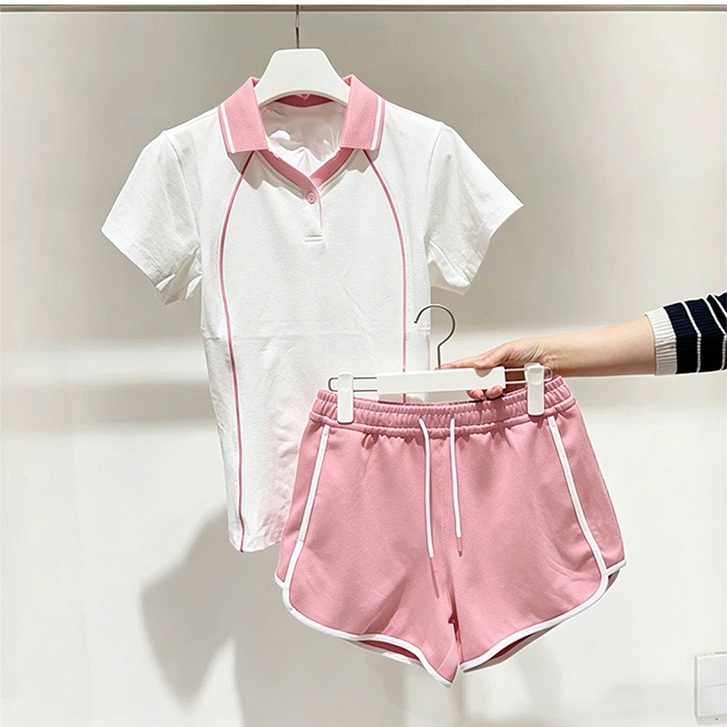 Women's Cross-Border Casual Sportswear Set, Summer Color Block Polo Collar Short-Sleeve Top and Shorts Two-Piece Tennis Suit