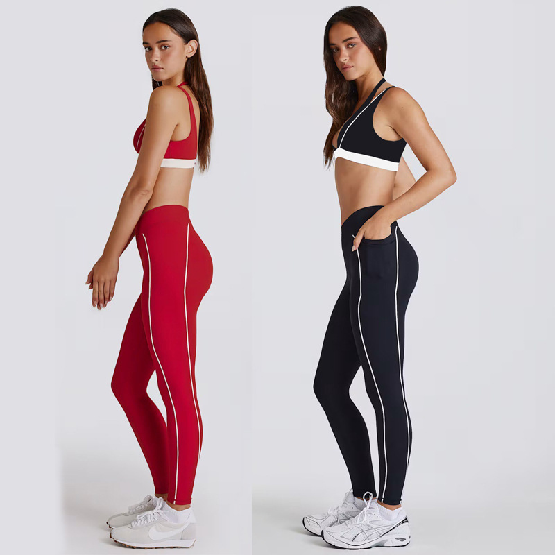 Yoga Sports Fitness Vest for Women with Breast Pads, Fake Two-Piece Contrasting Color Halter Bra, High Elastic Hip Lifting Training Pants