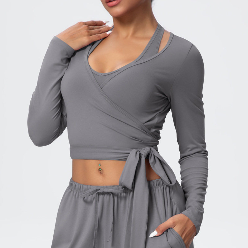Cross-Border European and American Nude Breathable Drawstring Wide-Leg Pants Fitness Halter Vest Fashionable Strap Long-Sleeved Sports Yoga Wear