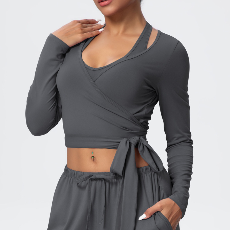 Cross-Border European and American Nude Breathable Drawstring Wide-Leg Pants Fitness Halter Vest Fashionable Strap Long-Sleeved Sports Yoga Wear