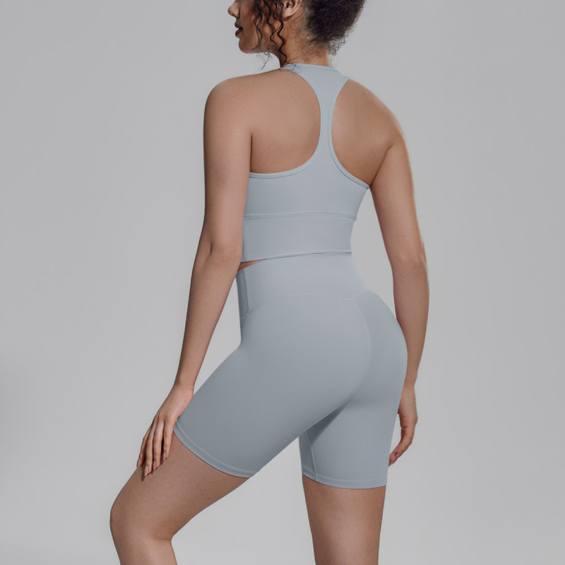 Cross-border solid color double-sided brocade backless tight-fitting breathable yoga suit set for training, sports, running, and fitness, two-piece women's set