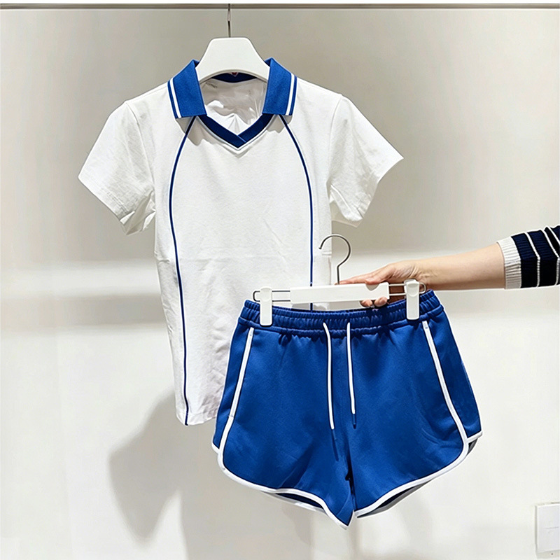 Women's Cross-Border Casual Sportswear Set, Summer Color Block Polo Collar Short-Sleeve Top and Shorts Two-Piece Tennis Suit