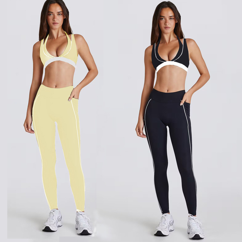 Yoga Sports Fitness Vest for Women with Breast Pads, Fake Two-Piece Contrasting Color Halter Bra, High Elastic Hip Lifting Training Pants