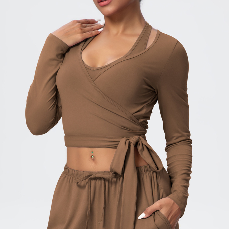 Cross-Border European and American Nude Breathable Drawstring Wide-Leg Pants Fitness Halter Vest Fashionable Strap Long-Sleeved Sports Yoga Wear