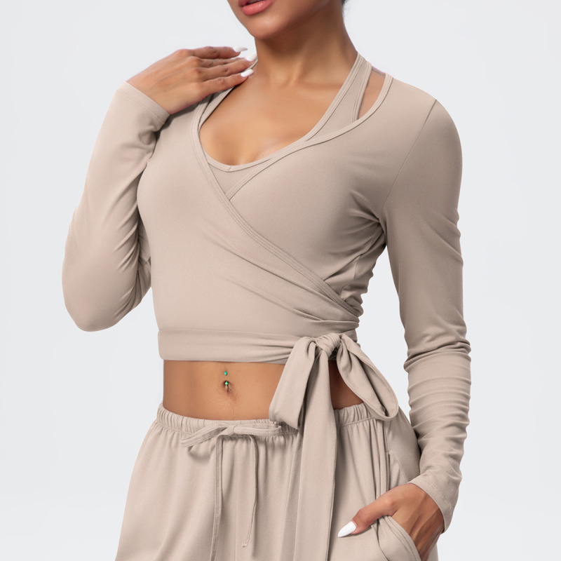 Cross-Border European and American Nude Breathable Drawstring Wide-Leg Pants Fitness Halter Vest Fashionable Strap Long-Sleeved Sports Yoga Wear