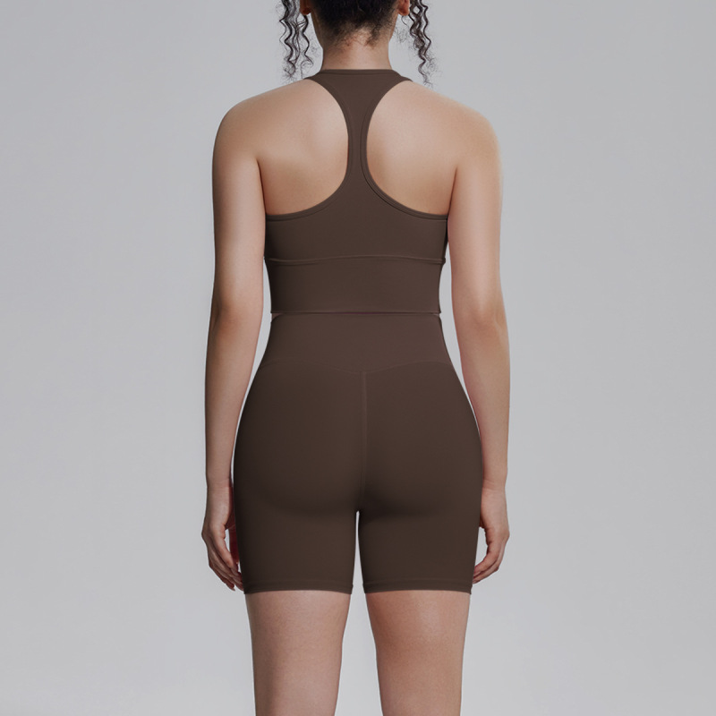 Cross-border solid color double-sided brocade backless tight-fitting breathable yoga suit set for training, sports, running, and fitness, two-piece women's set