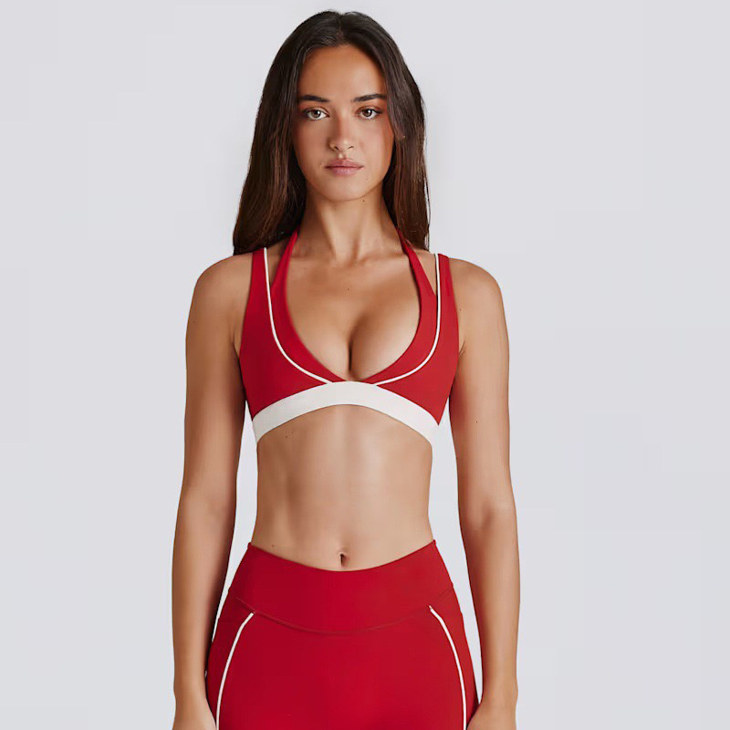 Yoga Sports Fitness Vest for Women with Breast Pads, Fake Two-Piece Contrasting Color Halter Bra, High Elastic Hip Lifting Training Pants