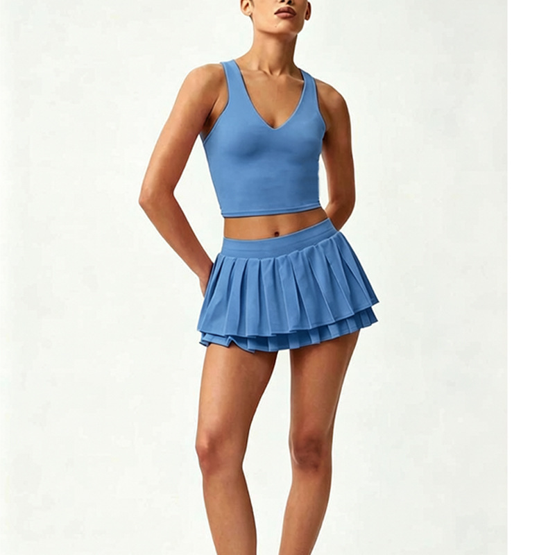 Women's Cross-Border Nude-Feel Sports Skirt, Anti-Exposure Double-Layer Pleated Tennis Skirt with Chest Pads, Sports Vest, Quick-Drying Fitness Wear