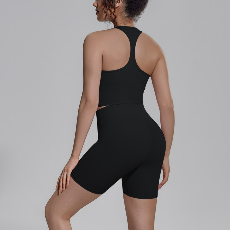 Cross-border solid color double-sided brocade backless tight-fitting breathable yoga suit set for training, sports, running, and fitness, two-piece women's set
