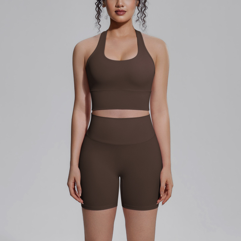 Cross-border solid color double-sided brocade backless tight-fitting breathable yoga suit set for training, sports, running, and fitness, two-piece women's set