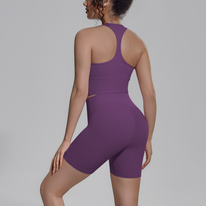 Cross-border solid color double-sided brocade backless tight-fitting breathable yoga suit set for training, sports, running, and fitness, two-piece women's set
