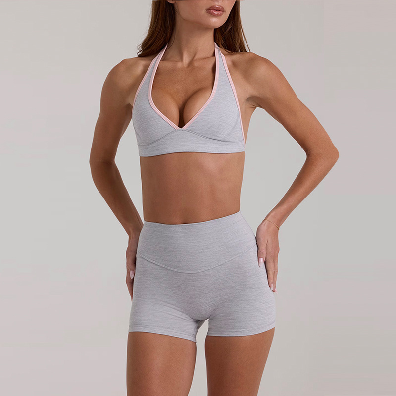 New yoga outfit high-waisted hip-lifting and tummy-controlling shorts, three-quarter length, suspender top, beautiful back, running sports bra and underwear set