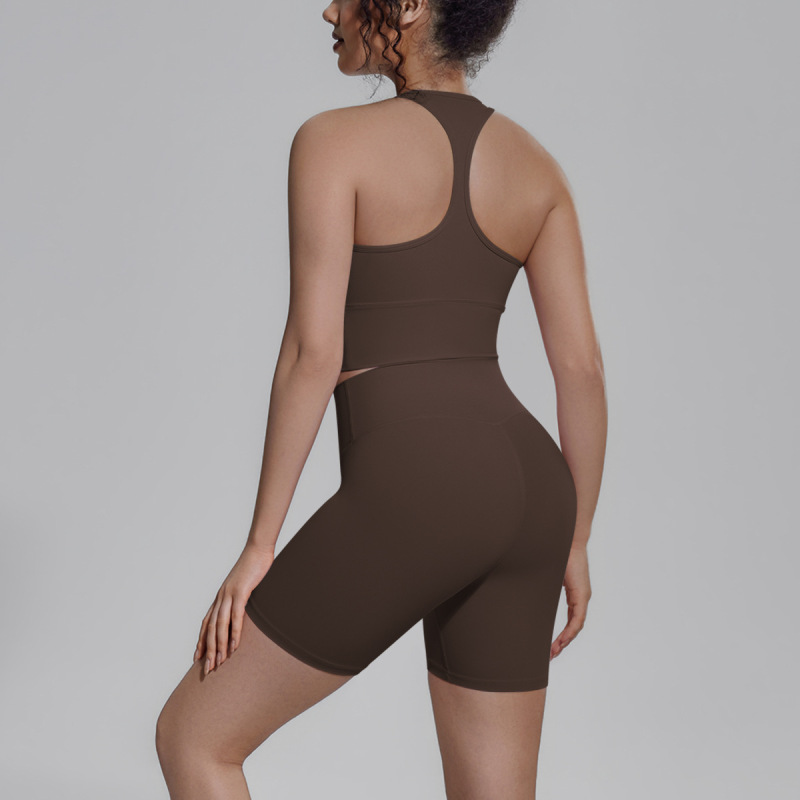 Cross-border solid color double-sided brocade backless tight-fitting breathable yoga suit set for training, sports, running, and fitness, two-piece women's set