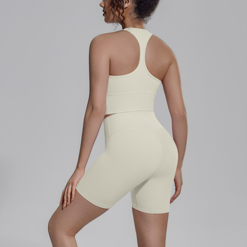 Cross-border solid color double-sided brocade backless tight-fitting breathable yoga suit set for training, sports, running, and fitness, two-piece women's set