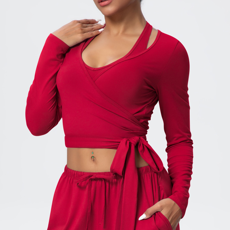 Cross-Border European and American Nude Breathable Drawstring Wide-Leg Pants Fitness Halter Vest Fashionable Strap Long-Sleeved Sports Yoga Wear